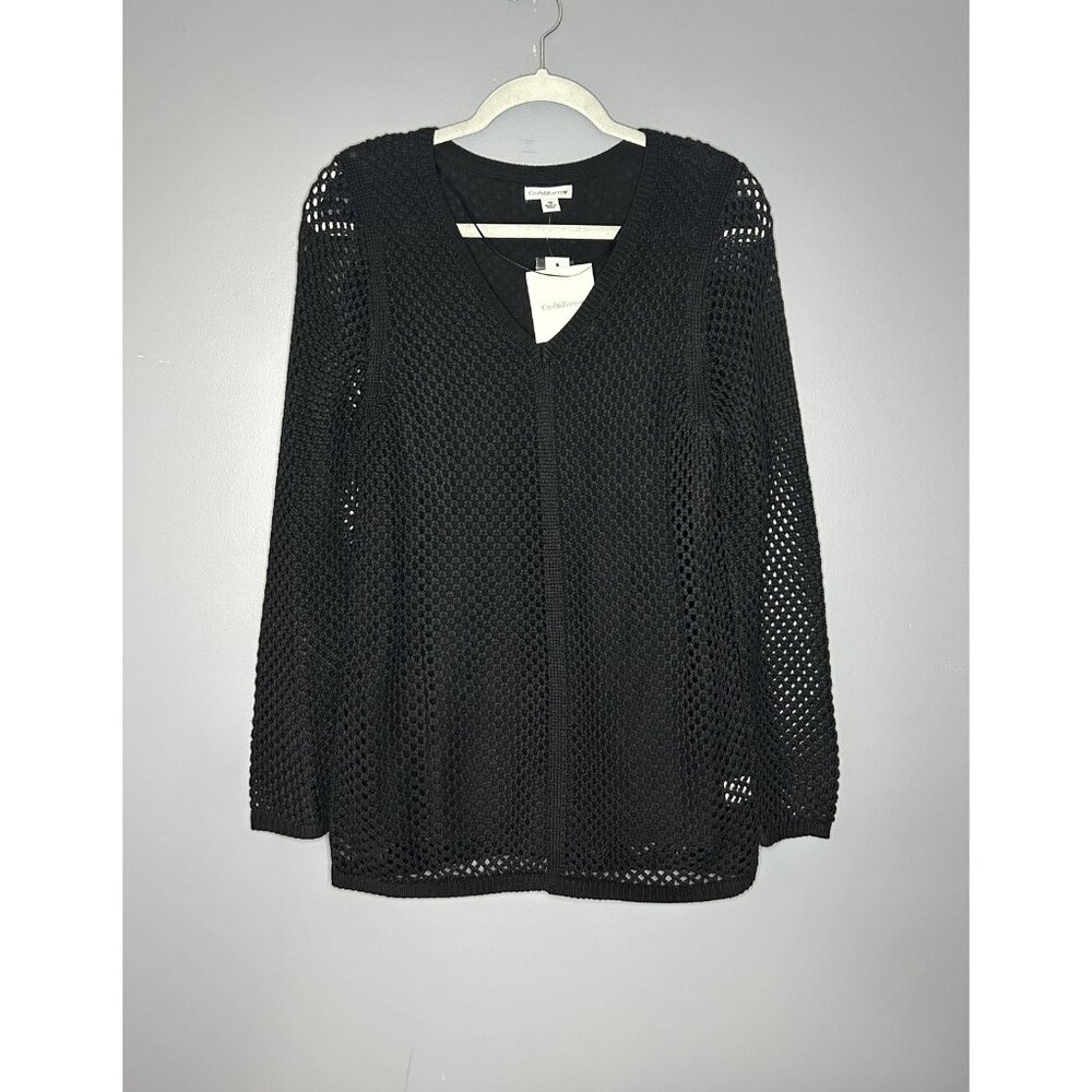 Sheer Sleeve Sweater Women M Black V Neck Crochet Lightweight Coastal Boho Artsy